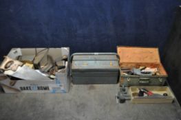 A CARDBOARD BOX, AND TWO METAL CRATES, containing various tools, to include a Rapier 500 plane,