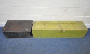 A GREEN PAINTED CHEST, with a hinged lid, width 127cm x depth 37cm x height 38cm, along with a