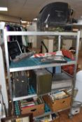 FOUR BOXES AND LOOSE VINTAGE ITEMS to include a vintage cased Platt cocktail set, three box of