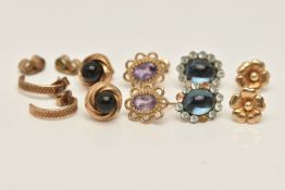 AN ASSORTMENT OF YELLOW METAL EARRINGS, five pairs of yellow metal earrings of assorted designs,