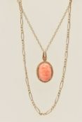 A 9CT GOLD CORAL NECKLACE AND YELLOW METAL CHAIN NECKLACE, a floral carved coral pendant, prong