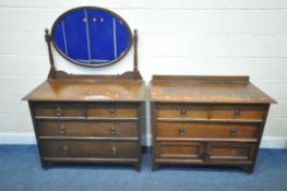 A 20TH CENTURY OAK DRESSING CHEST, with an oval bevelled edge mirror, and two short over two long