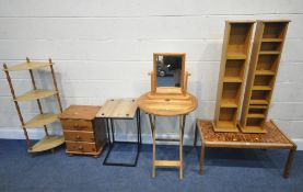 A MID-CENTURY TEAK TILE TOP COFFEE TABLE, width 87cm x depth 49cm x height 40cm, two cd racks, a
