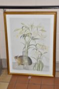 ELIZABETH BLACKADDER (1931-2021) 'ABYSSINIAN CAT AND LILIES', a lithographic print depicting a cat