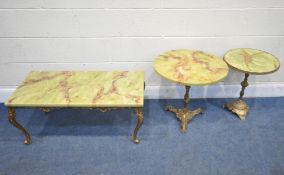 THREE FAUX ONYX TABLES, one rectangular and two circular, largest width 91cm x depth 46cm x height