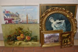 SIX PAINTINGS AND PRINTS, COMPRISING A TERRY BURKE HARBOUR VILLAGE, signed bottom right, oil on