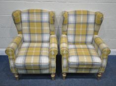 A PAIR OF DUNELM TARTAN PATTERN MUSTARD YELLOW UPHOLSTERED WING BACK ARMCHAIRS, width 72cm x depth