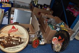 FOUR BOXES AND A TRAY OF VINTAGE BREWIANA comprising a box of assorted branded glasses, vintage