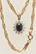 A 9CT GOLD CLUSTER NECKLACE, an oval cut sapphire, set with a surround of cubic zirconia, prong