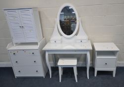 A SELECTION OF WHITE IKEA FURNITURE, to include a dressing table, with an oval mirror and three