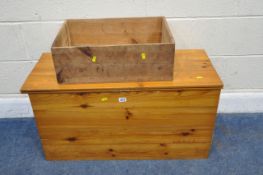 A MODERN PINE STORAGE CHEST, width 87cm x depth 34cm x height 46cm, along with a wine crate,
