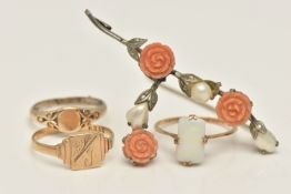 A SMALL SELECTION OF JEWELLERY, to include a yellow metal opal ring, stamped 9ct, ring size M,