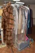 TWO BOXES AND LOOSE COATS, JACKETS, AND ACCESSORIES, to include some blouses, faux fur coats,