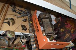 A BOX AND LOOSE METALWARES ETC to include a metal wall mounted fish sculpture, a large copper