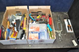 TWO CARDBOARD BOXES CONTAINING VARIOUS FILING AND CLAMPING EQUIPMENT, one box containing a selection
