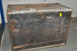 AN OAK ENGINEERS TOOL BOX, with a removable door that’s enclosing five drawers, storing various