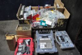 A CARDBOARD BOX CONTAINING A SELECTION OF SCREWS, BOLTS, RAW PLUGS, WASHERS, COTTER PINS, all of