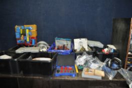 SEVEN TRAYS CONTAINING TOOLS including two Record 18 stilsons, hole saws, drills. tapered drills,