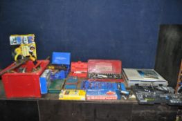 A COLLECTION OF AUTOMOTIVE TOOLS including socket sets, spanners, a Record 24 stilson, a bearing