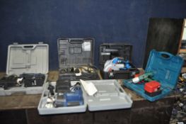 A COLLECTION OF POWER TOOLS including two Ferm FCD3240l 32.4v drills in cases with one battery and