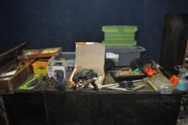FOUR BOXES CONTAINING TOOLS including a Black and Decker drill, an Ozito sander (both PAT pass and