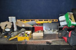THREE BOXES, A BAG AND TWO TOOLBOXES CONTAINING TOOLS, including work lights, spanners, long SDS and