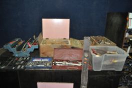 FIVE BOXES AND A TOOLBOX CONTAINING TOOLS including a Tipco and an Autocrat socket sets (neither