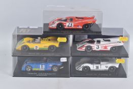 FIVE BOXED SLOT CAR MODELS, all are 1/32 scale racing cars, Fly Porsche 908 3rd Jarama '70, No.