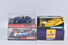 FOUR BOXED SLOT CAR MODELS, all 1/32 scale, Scalextric Sport Mitsubishi Lancer Evolution 7 WRC