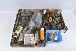 TWO TRAYS OF MILITARY DIECAST AND KIT BUILT MODEL VEHCILES, kits look to be mostly Airfix, many in a