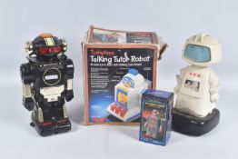 A BOX OF VINTAGE ROBOT MODELS, to include a boxed Tomy Tomytime Talking Tutor Robot, no. 1088, no