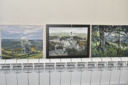 RONALD K. MOORE (BRITISH 20TH /21ST CENTURY) 'CLUN, SHROPSHIRE', a view of a village with open