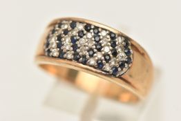 A 9CT GOLD DIAMOND AND SAPPHIRE PAVE SET RING, to a polished band, hallmarked 9ct Birmingham, ring