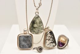 A SMALL ASSORTMENT OF SEMI-PRECIOUS GEMSTONE JEWELLERY, to include a tourmalinated quartz pendant
