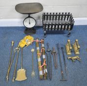 A SELECTION OF METAL WEAR, to include a wrought iron fire grate, width 48cm x depth 31cm x height