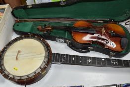 A cased Violin and an un-cased Banjo, no manufacturers evident, the Violin requires restoration