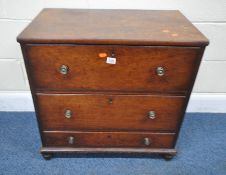 A MAHOGANY CHEST OF THREE GRADUATED DRAWERS, raised on turned feet, width 69cm x depth 41cm x height