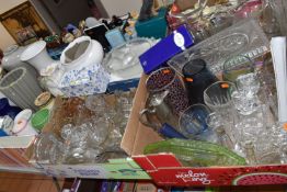THREE BOXES AND LOOSE ASSORTED VASES AND GLASSWARE to include three decanters, a boxed Royal Doulton