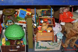 FIVE BOXES AND LOOSE VINTAGE TOYS, to include a push along baby walker with bricks, and a baby