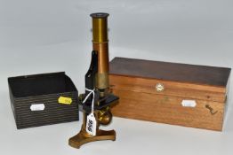 A BRASS DESKTOP MICROSCOPE AND A BOX OF ASSORTED METALWARES to include a boxed 'Benn Franks Optician