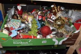 FIVE BOXES AND LOOSE CHRISTMAS DECORATIONS AND ACCESSORIES, to include a 75cm light up Santa, pre
