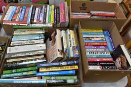 FOUR BOXES OF BOOKS containing 85 miscellaneous titles in hardback and paperback formats, subjects