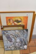 FIVE DECORATIVE PICTURES FEATURING FEMALE FIGURES, comprising a surrealist style portrait of three