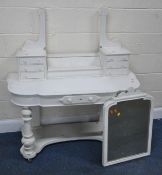 A 19TH CENTURY WHITE PAINTED DUCHESS DRESSING TABLE, with a single mirror, seven assorted drawers