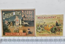 Two Cardboard Advertising Signs for 'Greensmith's Derby Dog Biscuits', Manufactory Hilton Mills Near