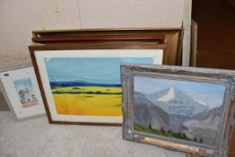 FIVE 20TH CENTURY LANDSCAPE PICTURES, comprising a Leon Packwood oil on board depiction of