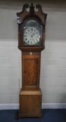 A GEORGIAN OAK AND MAHOGANY CROSSBANDED 30 HOUR LONGCASE CLOCK, the hood with a swan neck