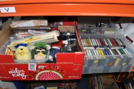 FOUR BOXES AND LOOSE TOYS, CASSETTE TAPES AND SUNDRY ITEMS, to include a Minolta XG1 35mm camera
