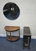 A LATE 20TH CENTURY DEMI-LUNE SIDE TABLE, raised on turned supports, united by an undershelf,