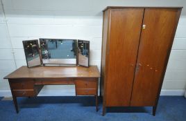 A MEREDEW MID-CENTURY TEAK TWO PIECE BEDROOM SUITE, comprising a double door wardrobe, with a fitted